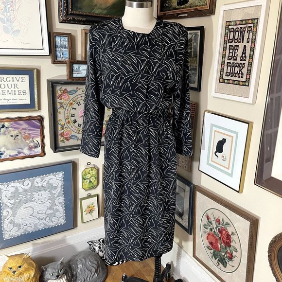 Pellini Dresses & Skirts - 80s Vintage Pellini Black and White Long Sleeve Pleated Bust Midi Dress 11/12